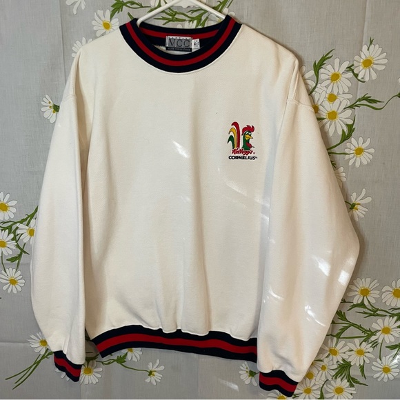 Vintage Kelloggs Cornelius rooster white navy red stripe preppy novelty sweater - Picture 4 of 10